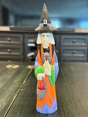 Midwest Importers of Cannon Falls Halloween carved wood witch figure with an owl